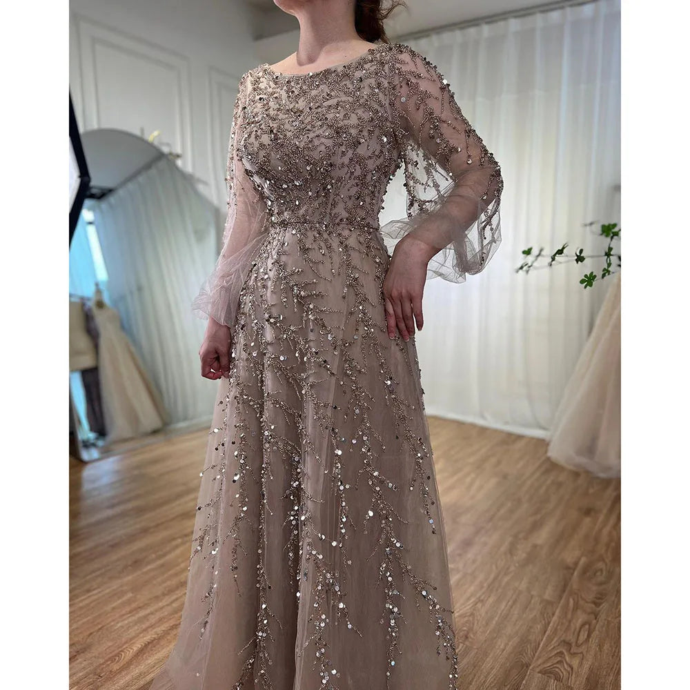 Brown Sparkle A-line Modest Maxi Ocassion Dress