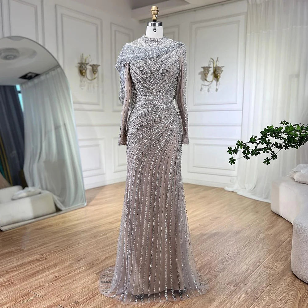 Modest Silver embelished maxi occasion dress