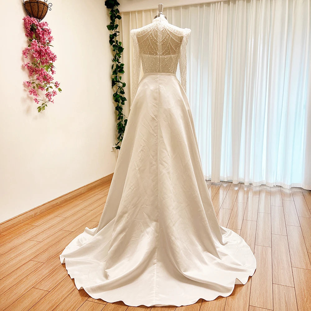 Beaded White Maxi Modest Wedding Bridal Dress with Overskirt